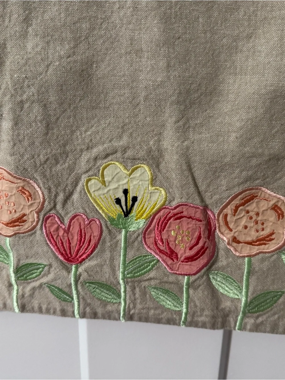 Floral Embroidered Linen Table Runner Beige Tan Applique Boho Cottagecore